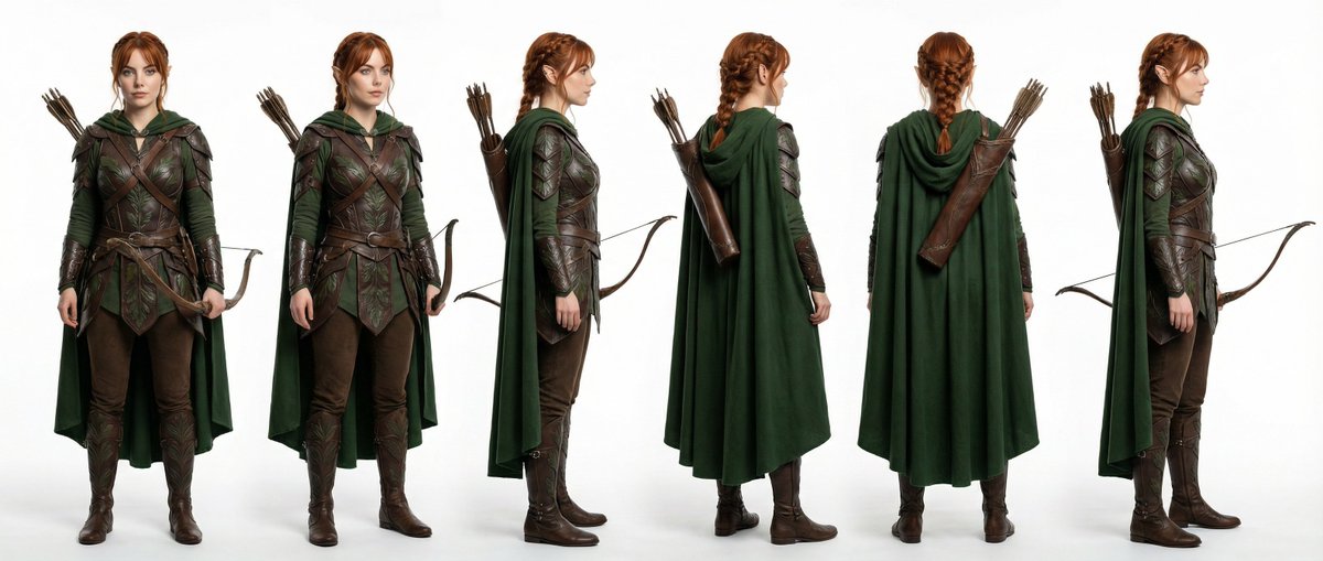 A full-body, 360 turnaround view of this character standing in natural pose against a white background; in the style of cinematic photo-r...