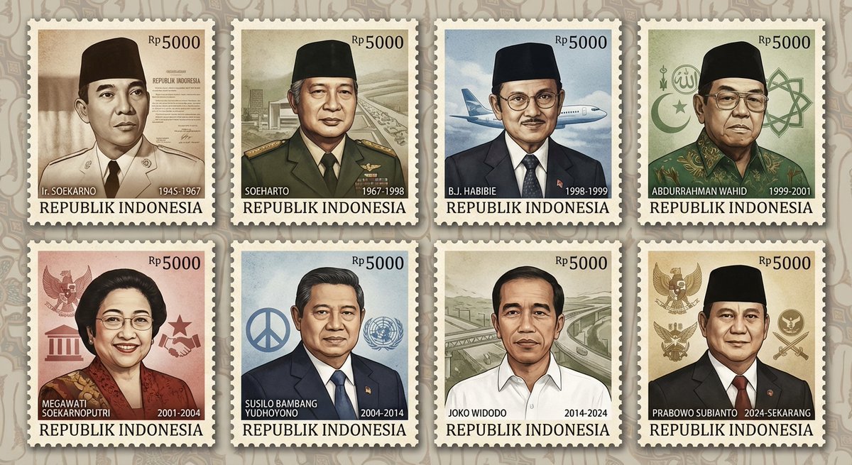 Generate a clean, structured grid of Indonesian president stamps