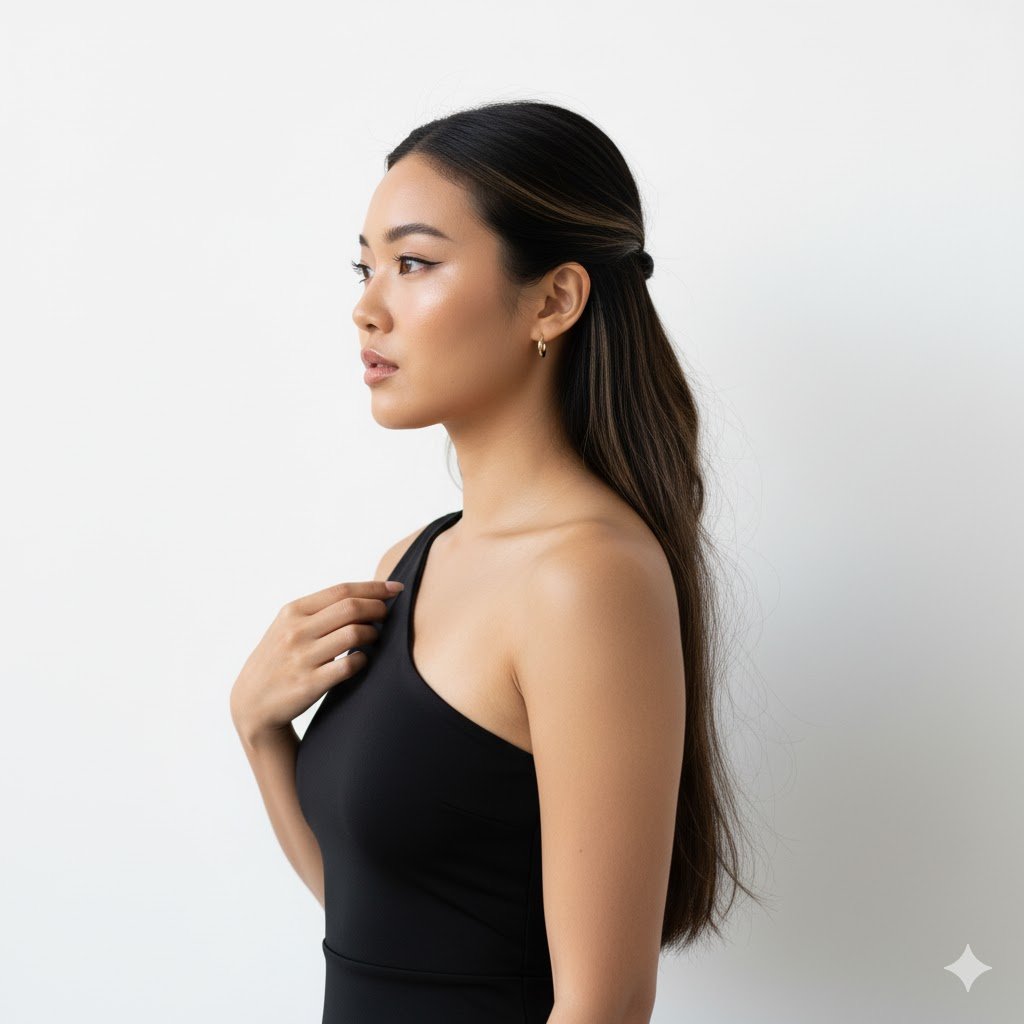 ultra-realistic 8K cinematic editorial portrait with clean, minimalist aesthetics... young Asian woman... black one-shoulder top