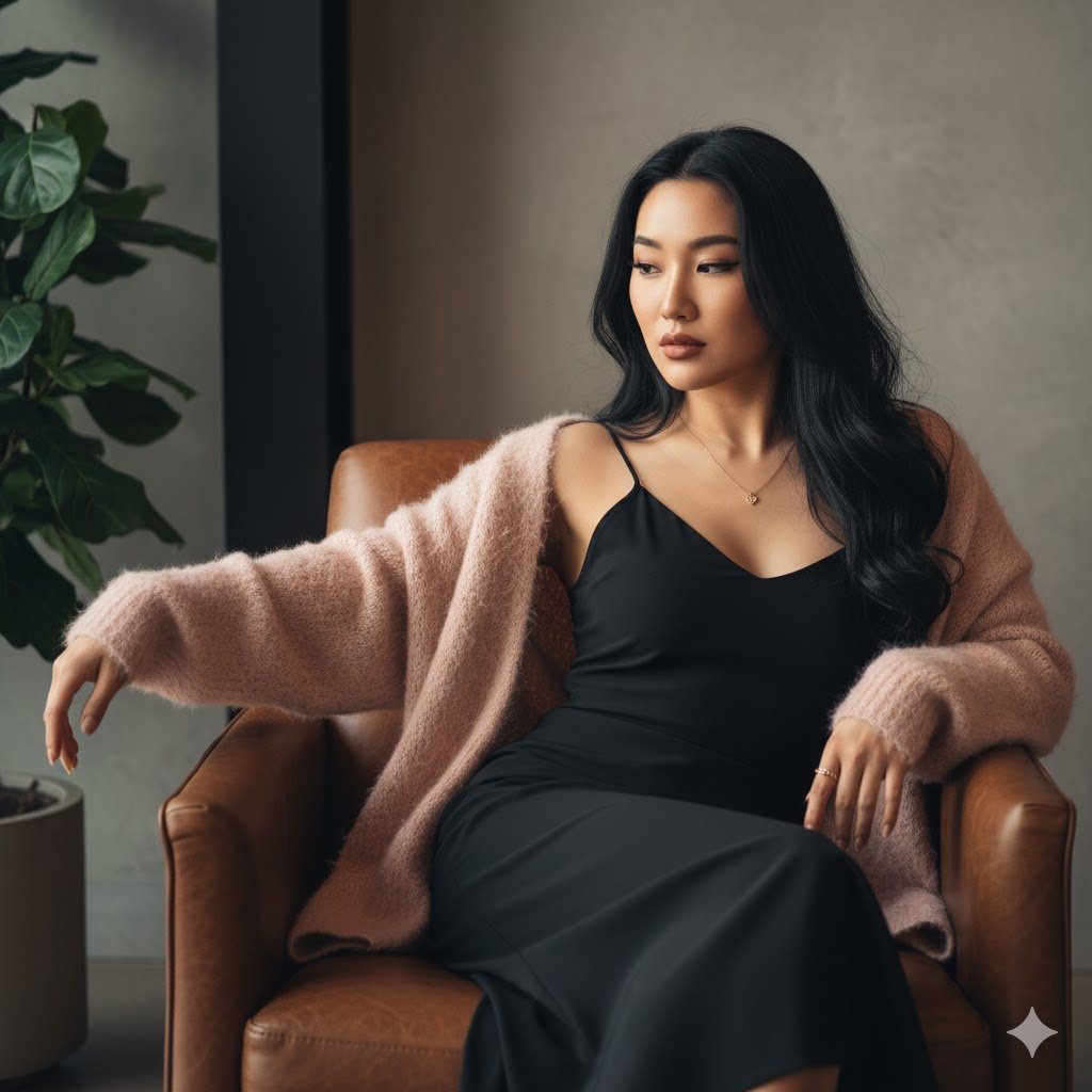 ultra-realistic cinematic editorial portrait with soft, moody lighting... Asian woman in black slip dress and pink fuzzy cardigan in cafe