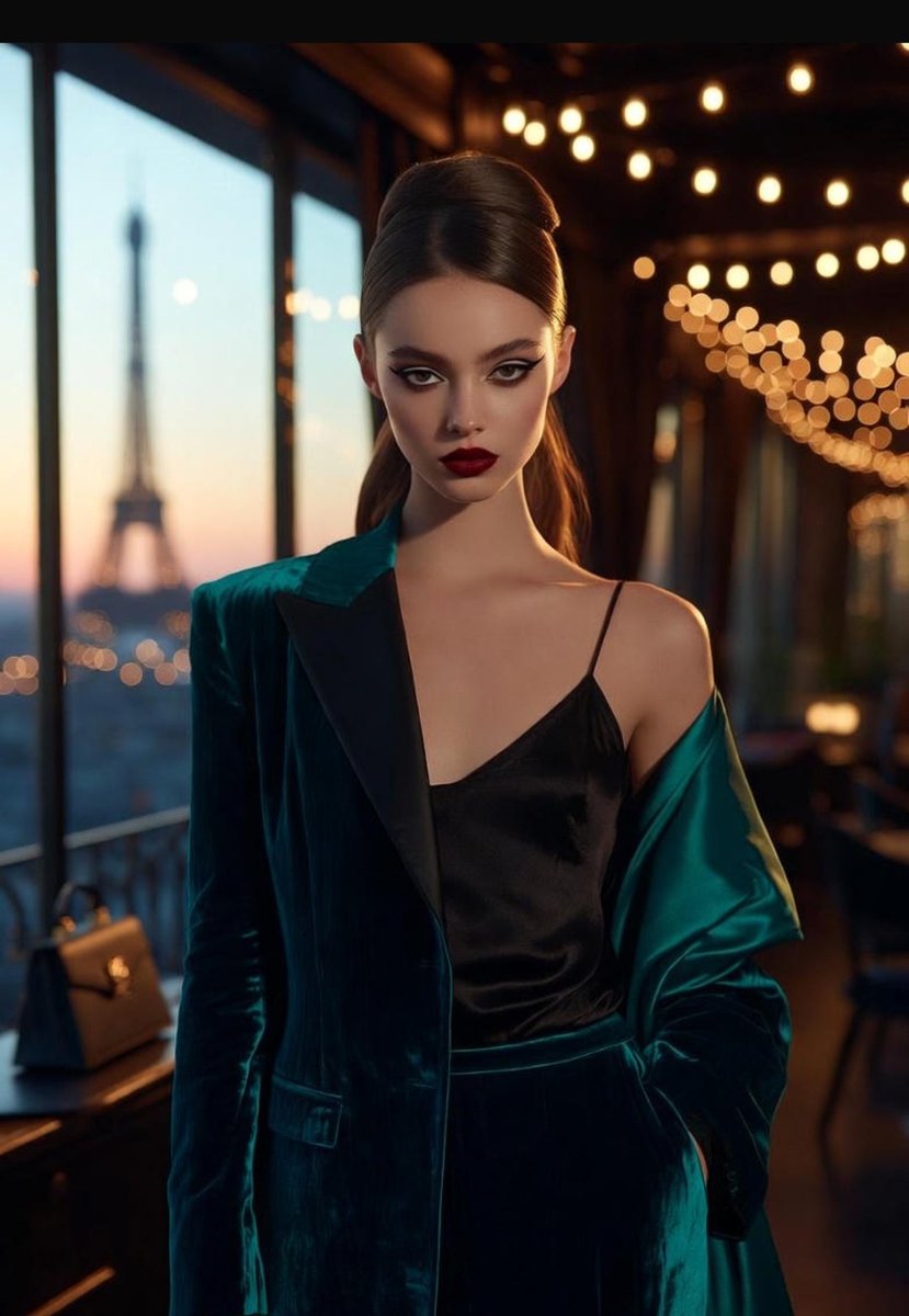 Full-body portrait of a stunning young woman in her early 20s, embodying sophisticated Parisian chic. She has striking, slightly dramatic...