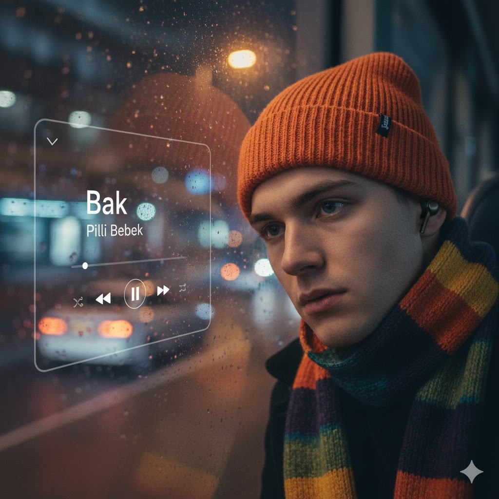A prompt to create a new scene by placing a subject into a sad bus window background with glassmorphism music player UI overlay... song "...