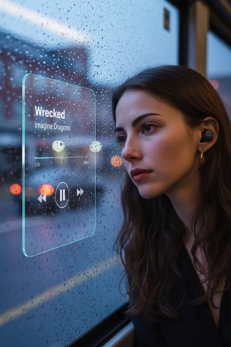 A prompt to create a new scene by placing a subject into a sad bus window background with glassmorphism music player UI overlay... song "...