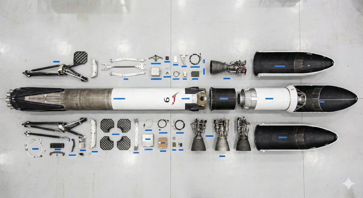 A knolling of Space X Falcon 9 rocket