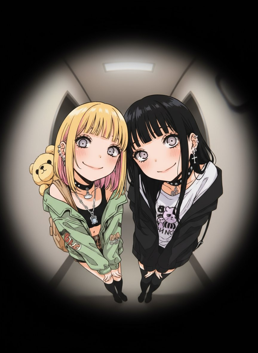 ultra-detailed anime illustration, fisheye lens peephole perspective, circular distorted view as if looking through a door peephole, warp...