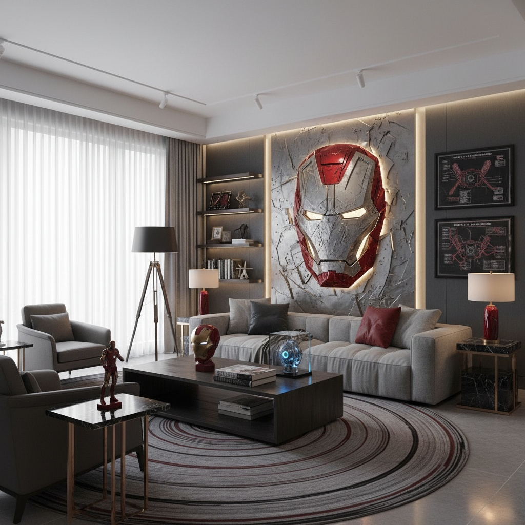 A hyper-realistic, professional interior design photograph of a modern living room inspired by a [Superhero]. The room has clean lines, a...
