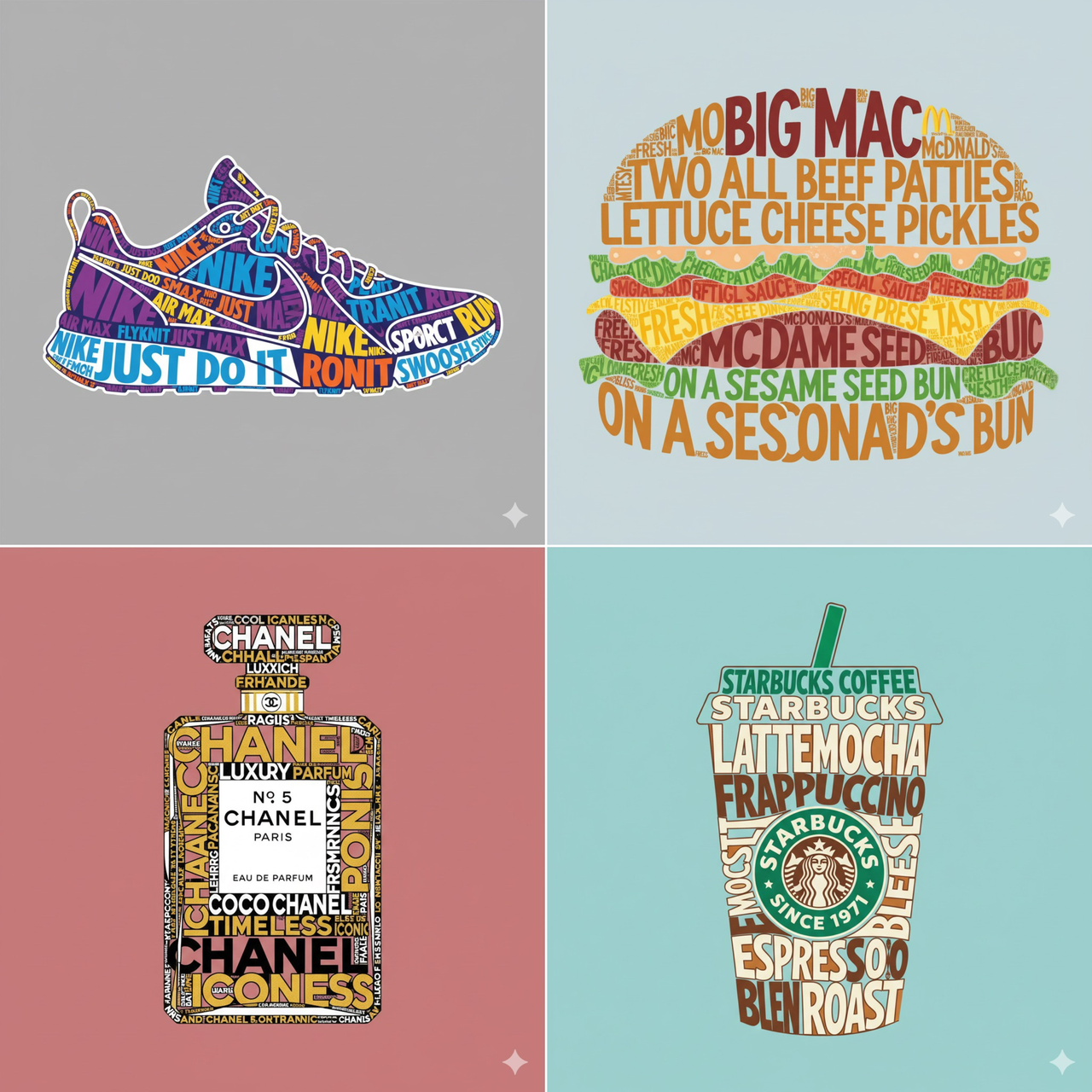 Create a typographic illustration shaped like a {OBJECT}, where the text itself forms the shape — bold and playful lettering style that f...