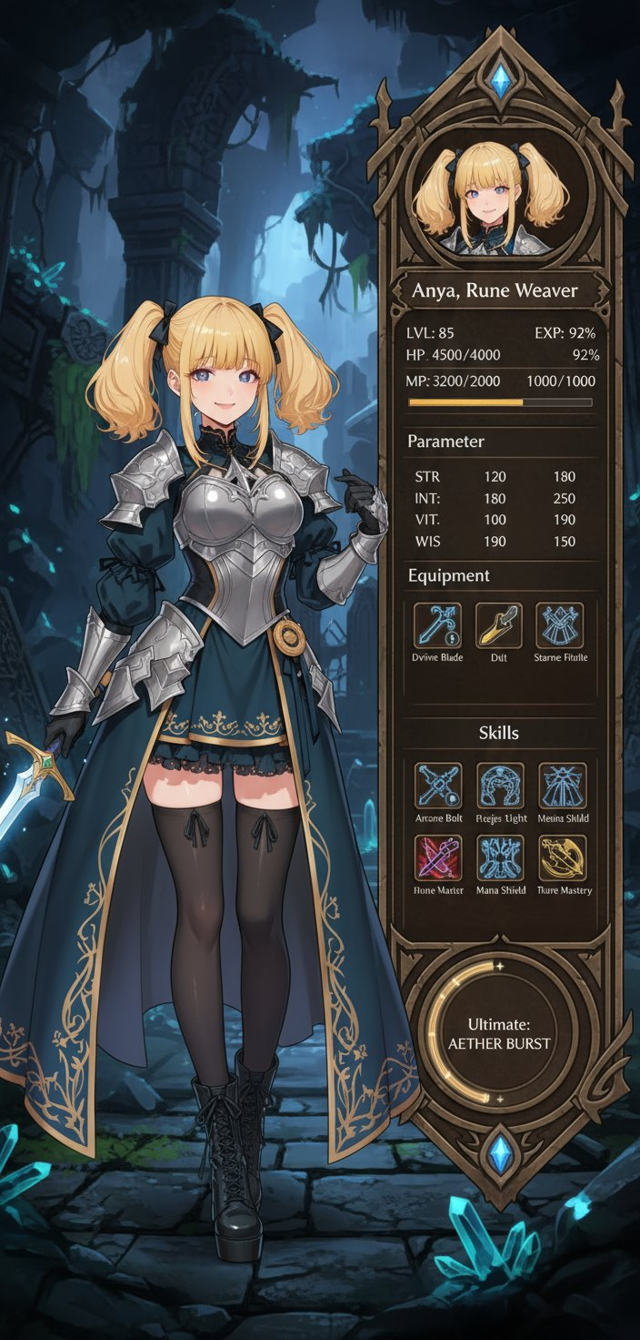 Use the character in the original image to create a character status screen for an RPG game. Keep the character design and style from the...