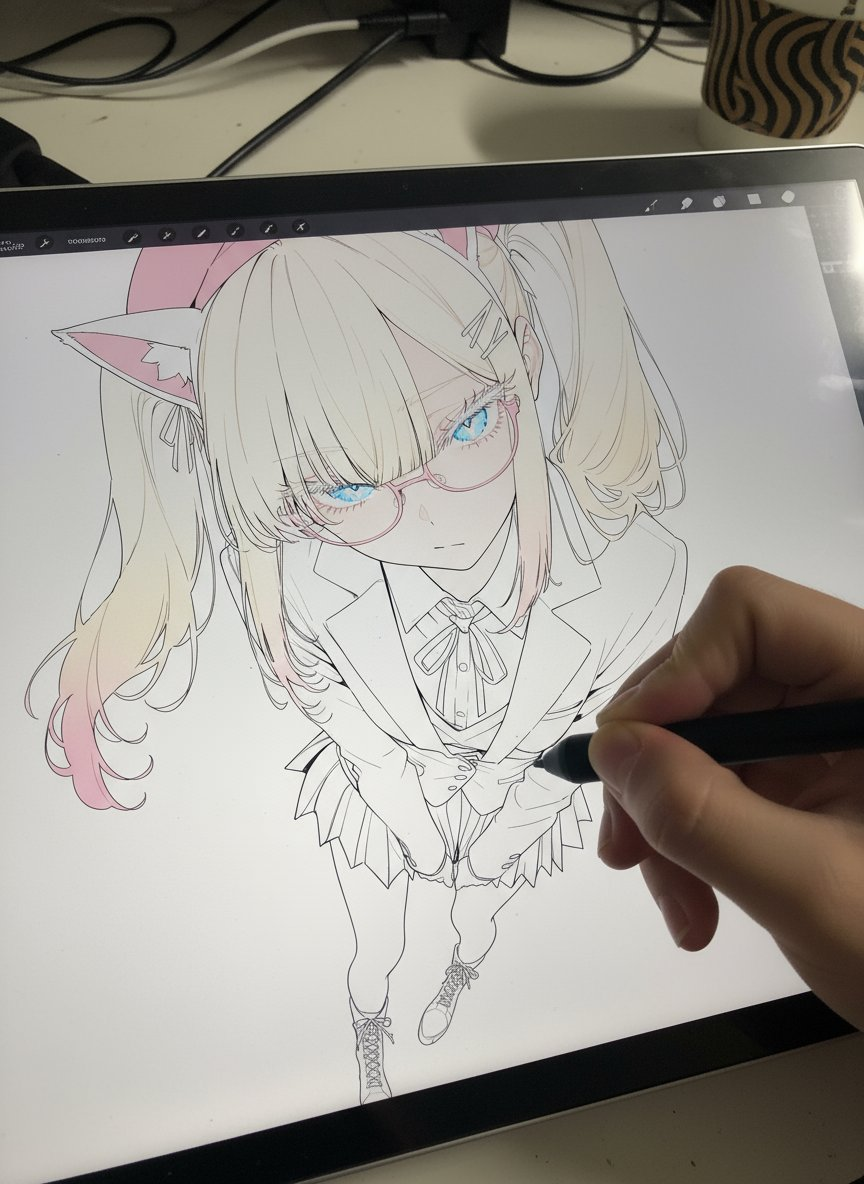 Photorealistic pen tablet screen. Realistic first-person hand holding the pen tablet and pen. The original image is reproduced on the pen...