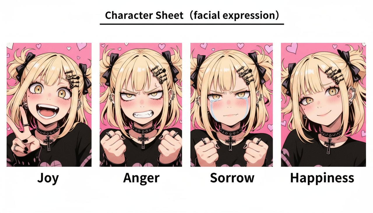 Character sheet, facial expressions, joy, anger, sadness, happiness