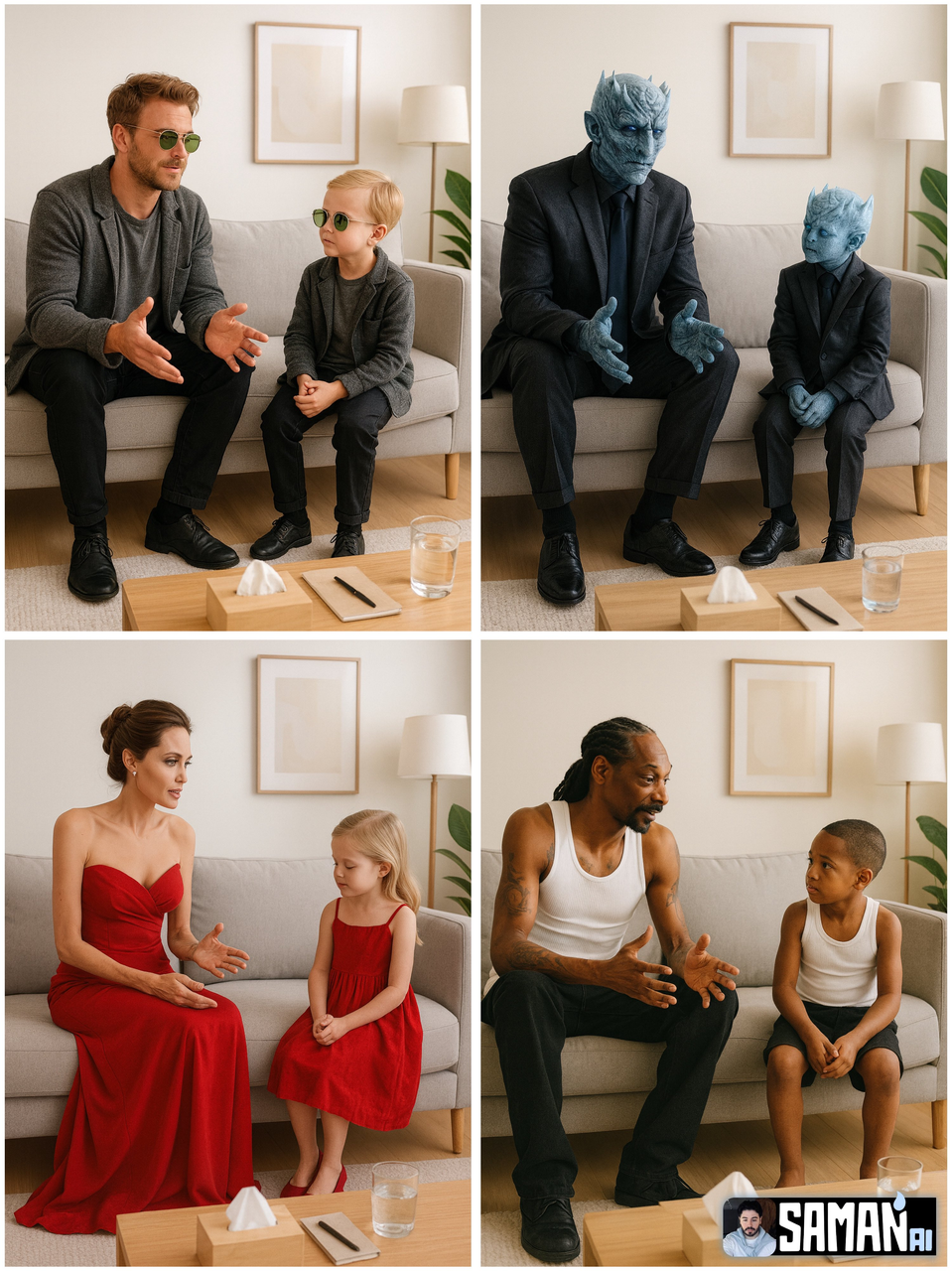 Photorealistic minimalist therapy room; light walls, grey sofa, wooden coffee table with a tissue box, notebook and a glass of water, sim...