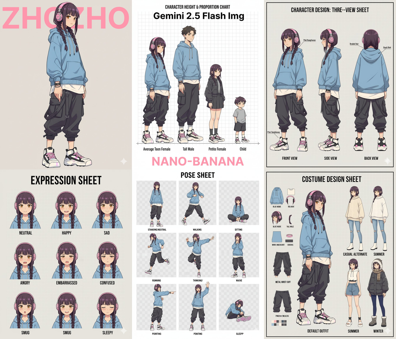 Generate character design for me (Character Design) Proportion design (different height comparisons, head-to-body ratio, etc.) Three view...