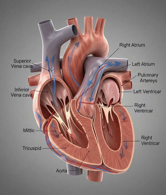 Draw [3D human organ model display example heart] for academic presentation, with annotations and explanations, suitable for showcasing i...