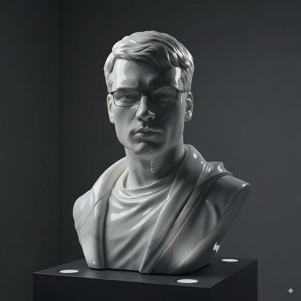 A photorealistic image of an ultra-detailed sculpture of the subject in image made of shining marble. The sculpture should display smooth...