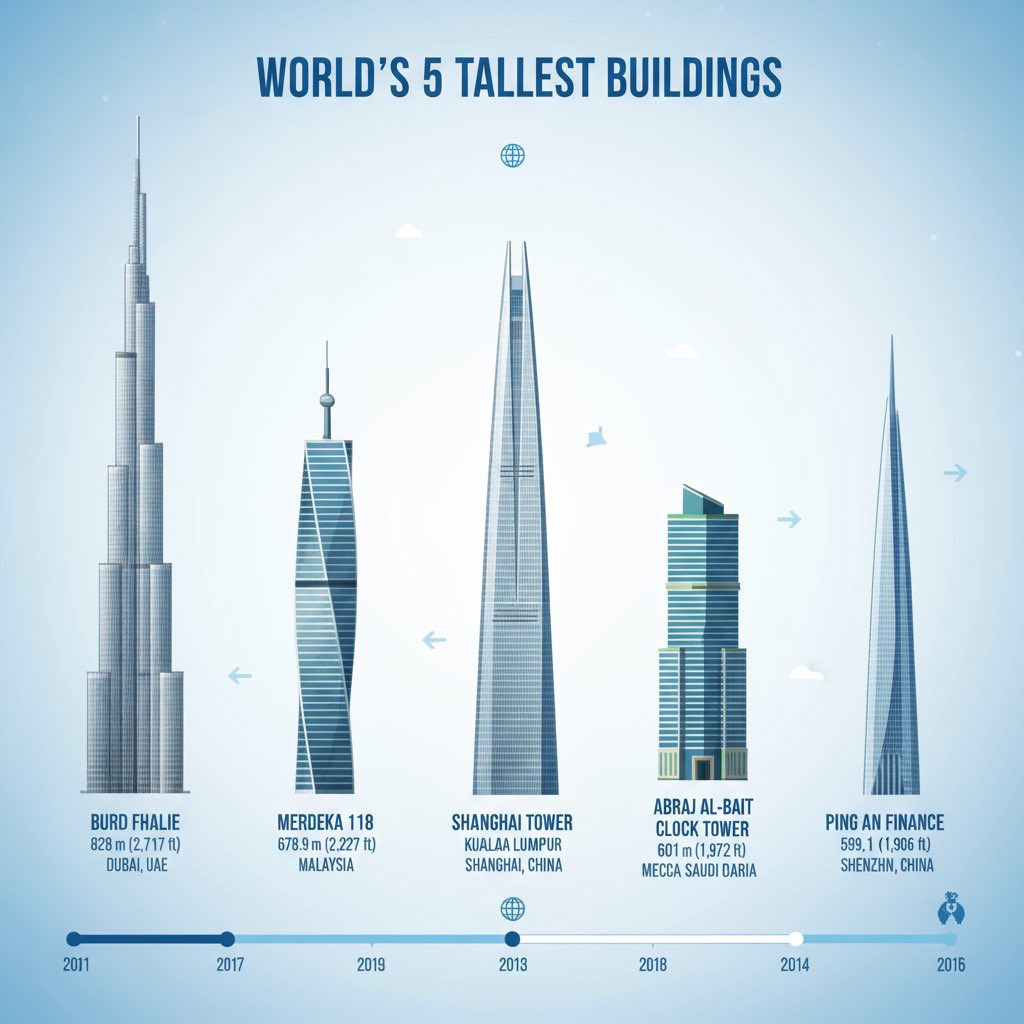 Make me an infographic of 5 tallest buildings in the world / Make a colorful infographic of the sweetest things on Earth
