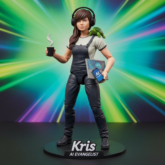make an action figure of me that says [“AI Evangelist - Kris”] and features [coffee, turtle, laptop, phone and headphones]