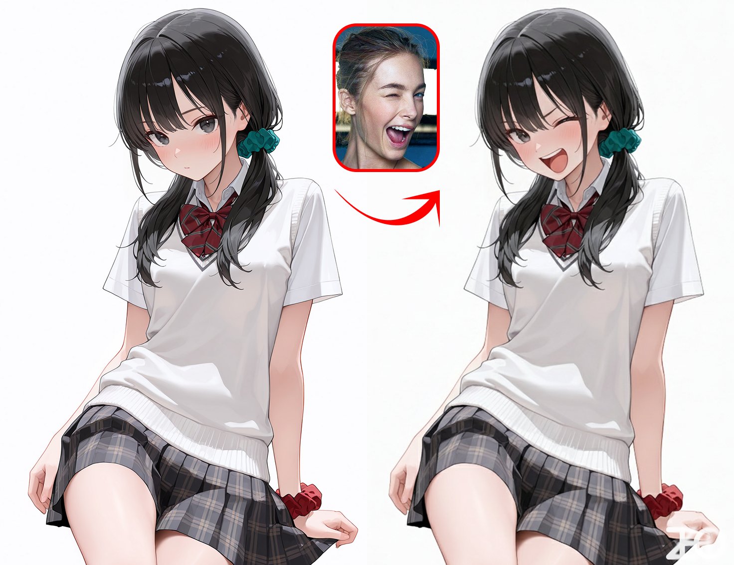 Character reference from Image 1 / Change to the expression from Image 2