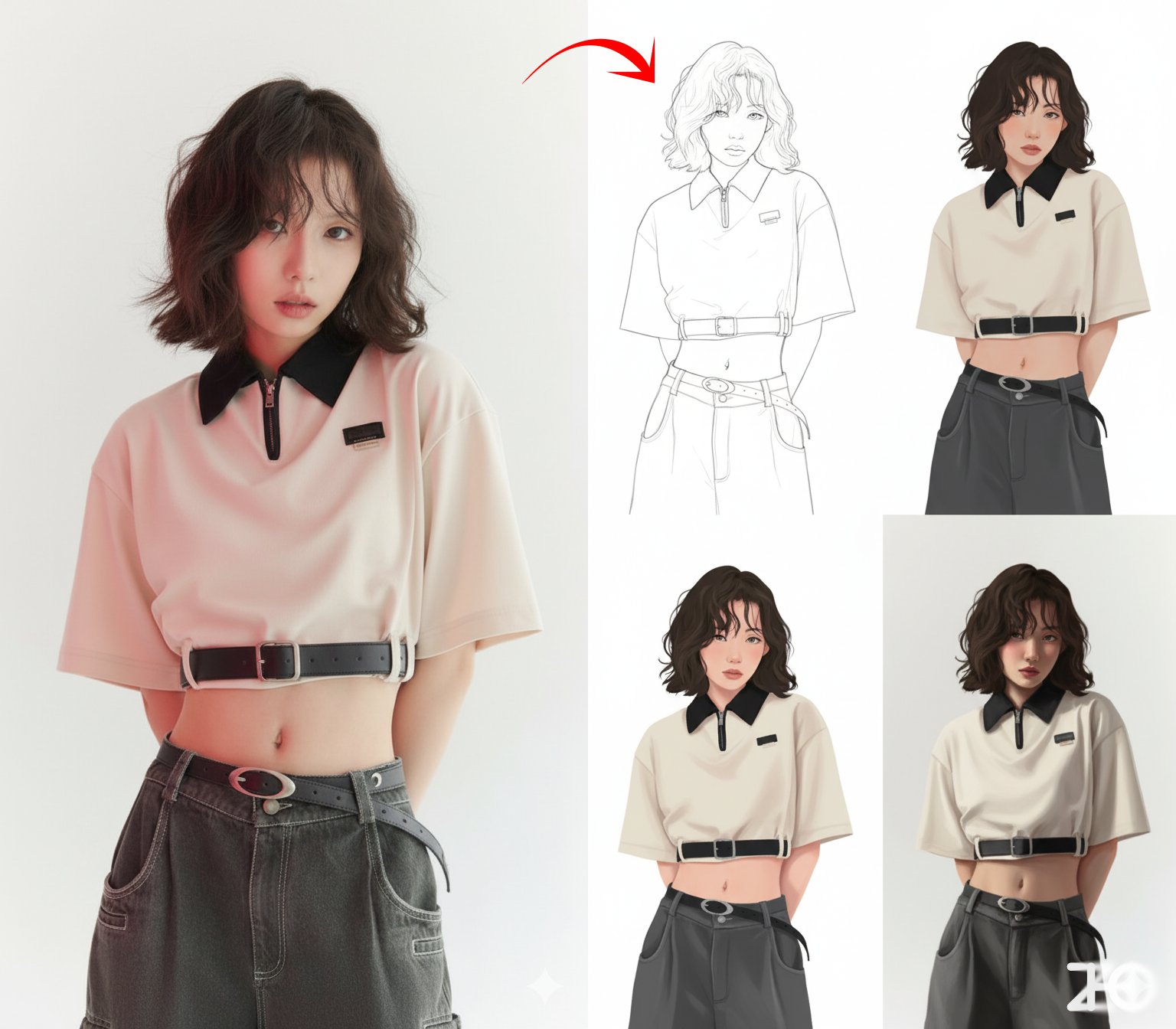 Generate a four-panel drawing process for the character: Step 1: Line art, Step 2: Flat colors, Step 3: Add shadows, Step 4: Refine and c...