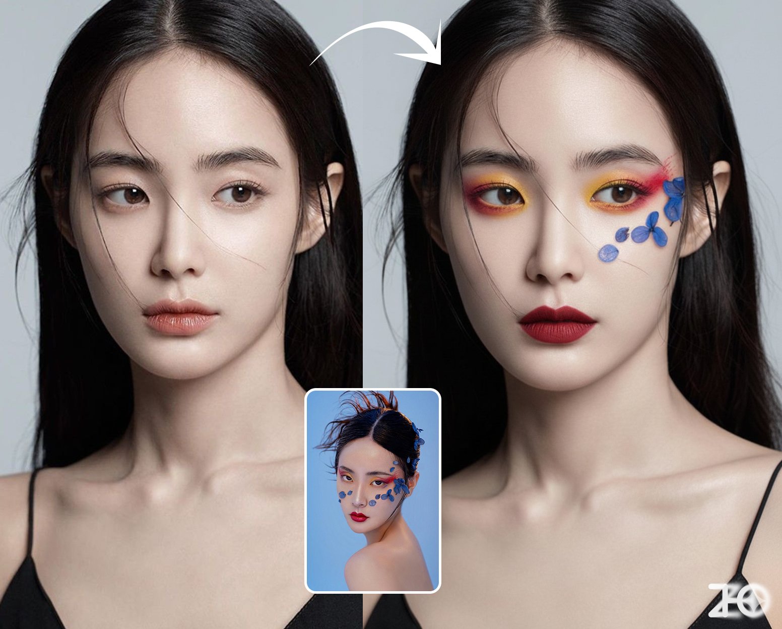 Apply the makeup from Image 2 to the character in Image 1, while maintaining the pose from Image 1.