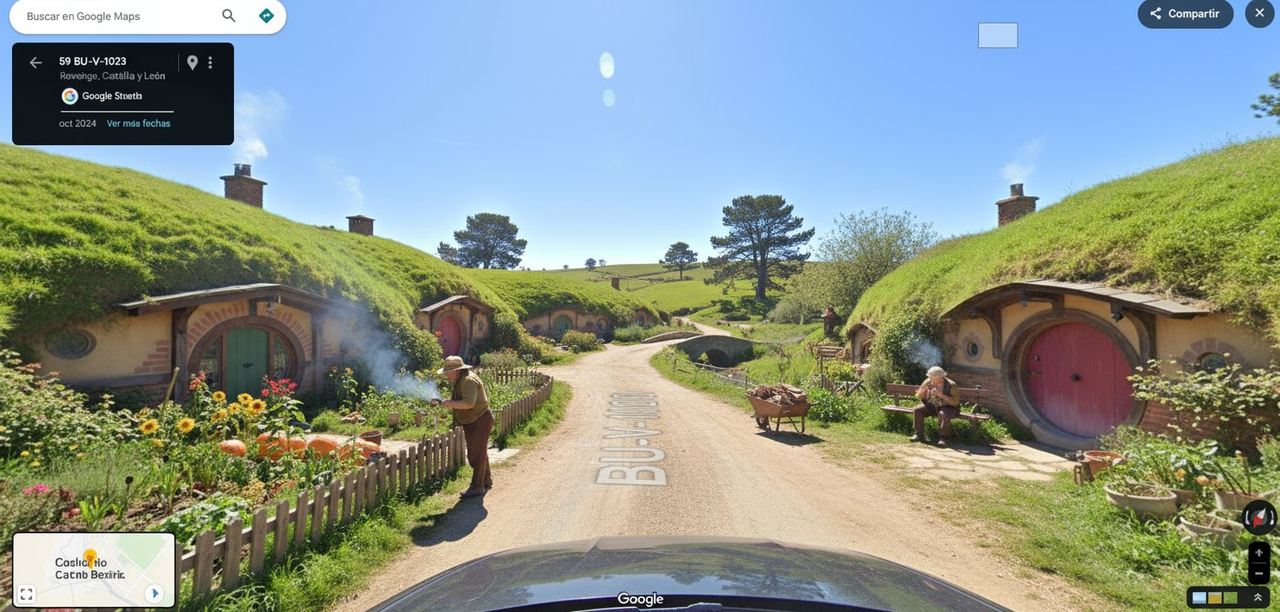 Dashcam Google Street View shot | [Hobbiton Street] | [hobbits carrying out daily tasks like gardening and smoking pipes] | [Sunny weather]