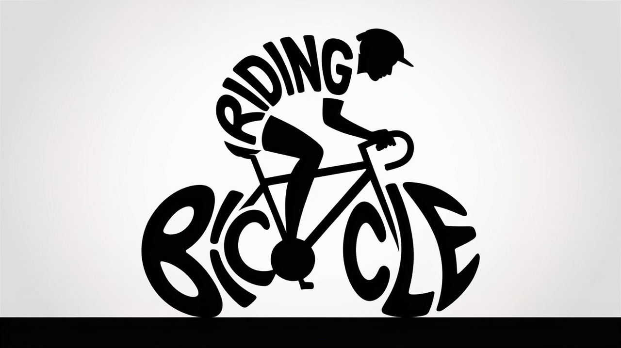 Create a minimalist black-and-white typographic illustration of the scene riding a bicycle using only the letters in the phrase ['riding ...