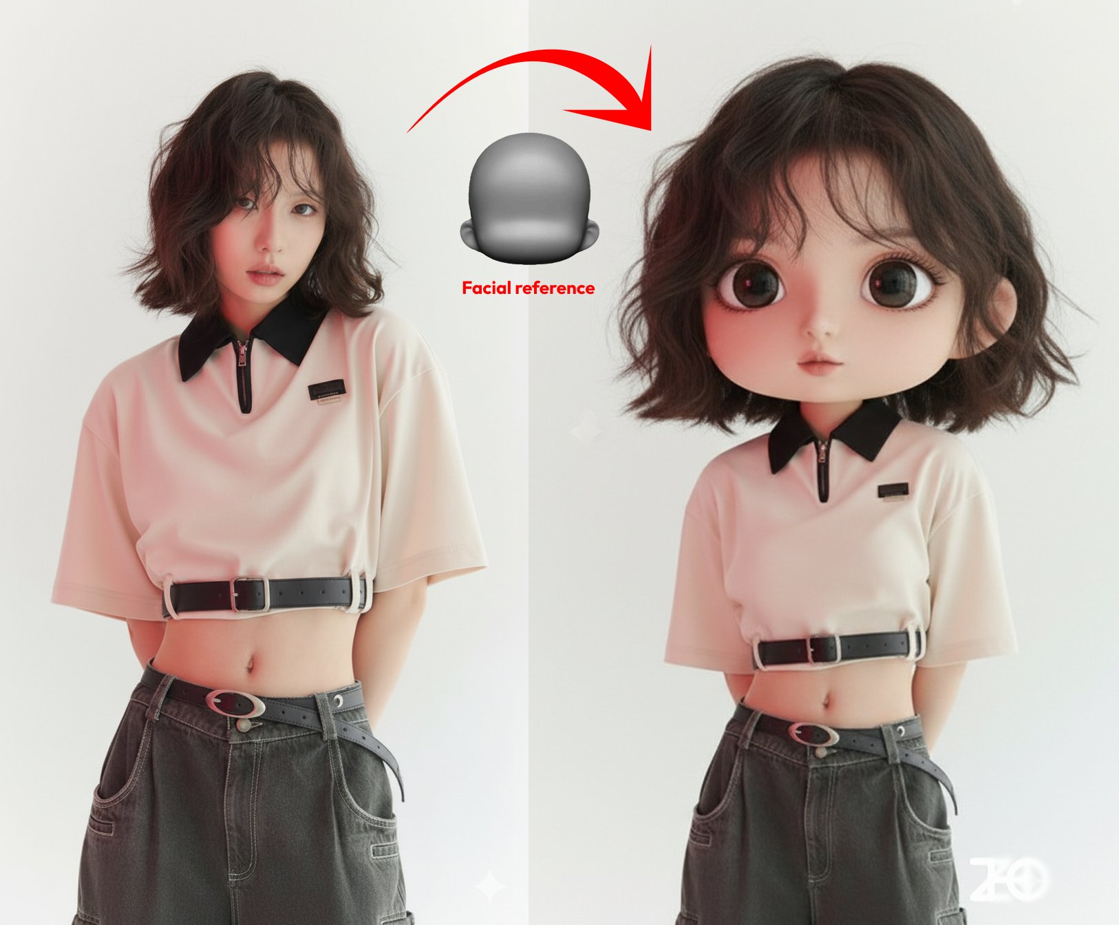 Design the character from Image 1 as a chibi version according to the face shape from Image 2