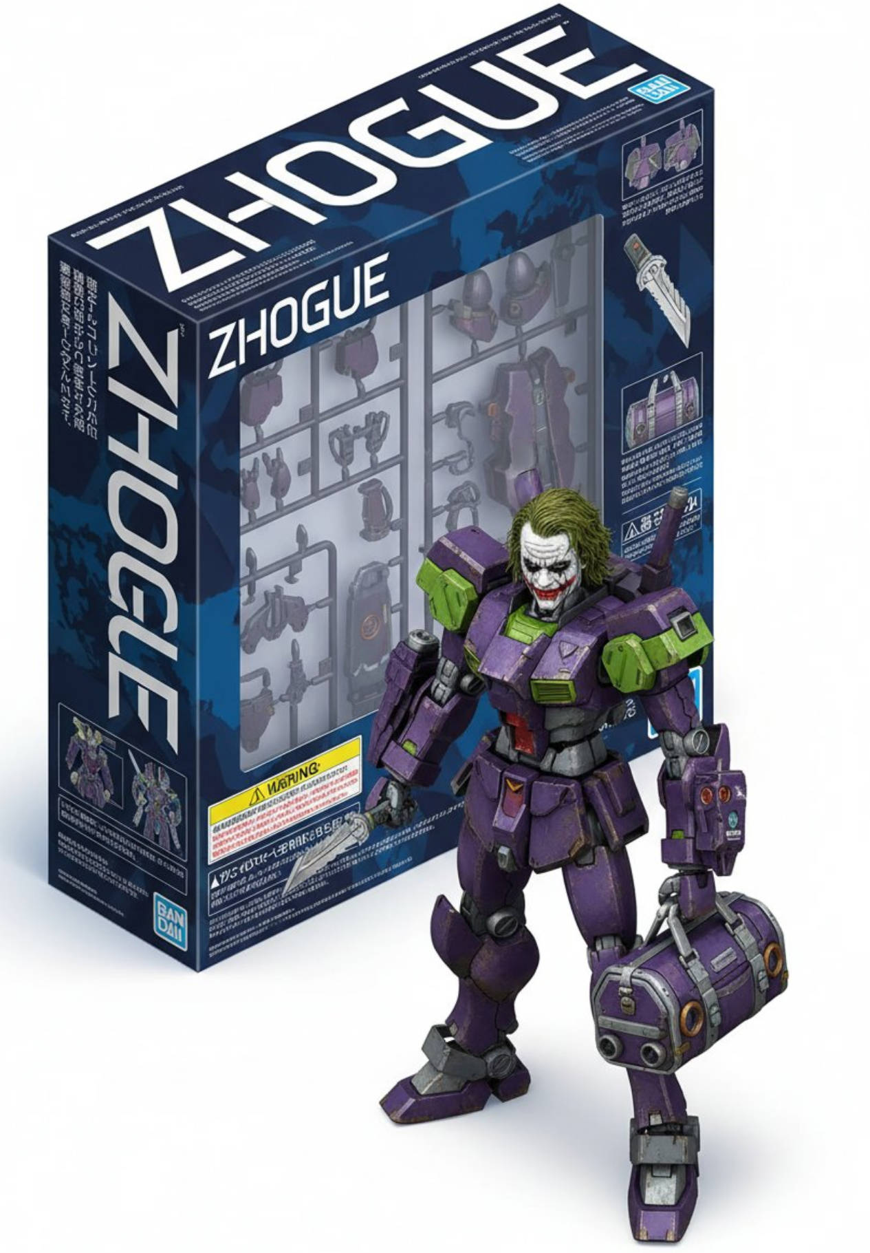 Transform the person in the photo into a Gundam model kit packaging box style, presented in isometric perspective. Label the box with the...