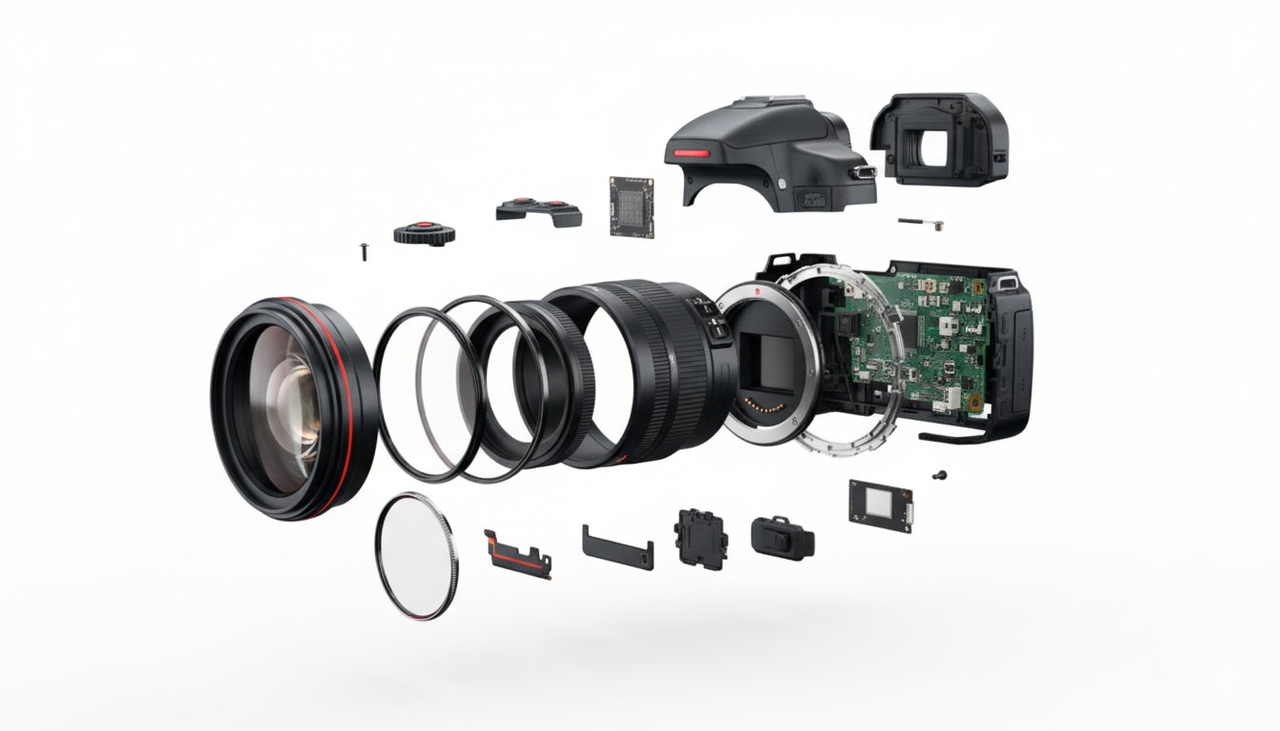 Exploded view of a DSLR showing all its accessories and internal components such as lens, filter, internal components, lens, sensor, scre...