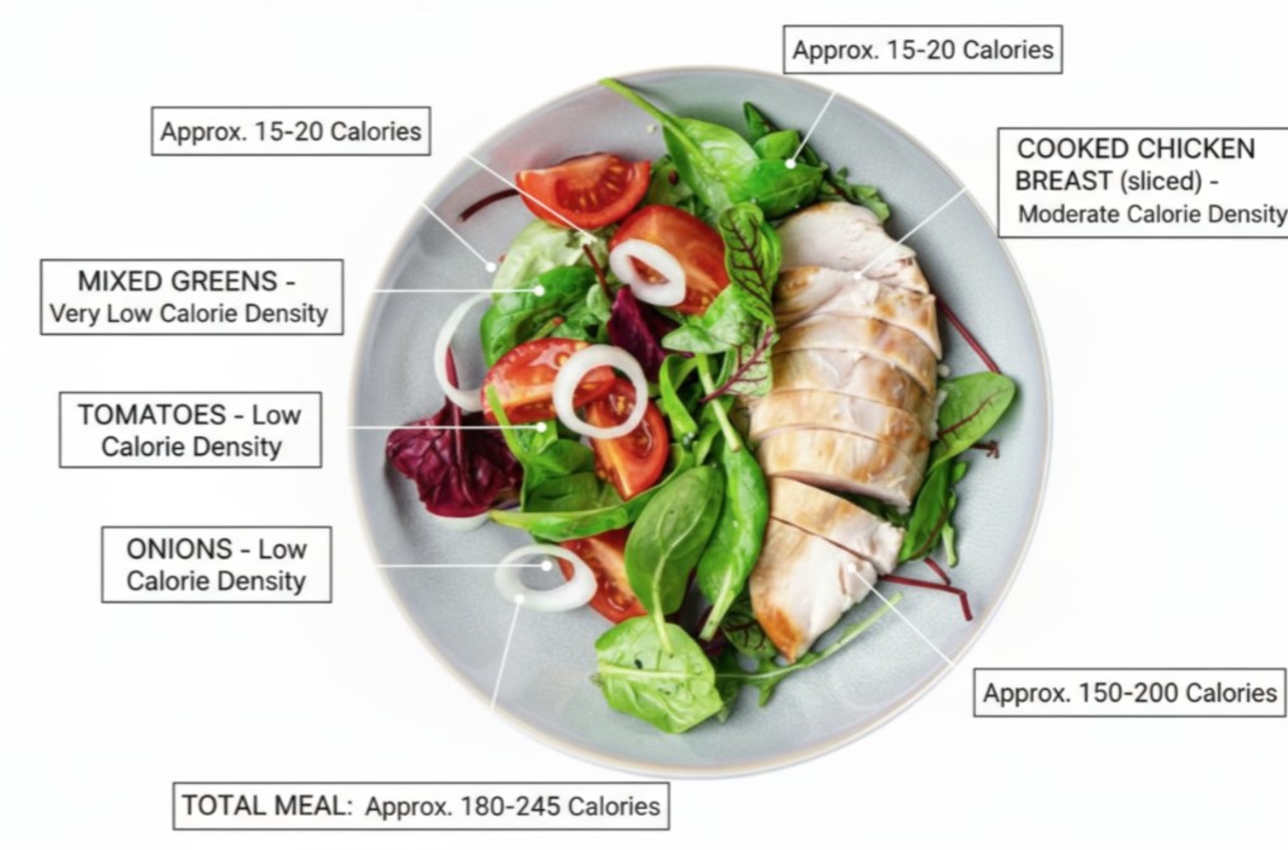 annotate this meal with names of food and calorie density and approximate calories