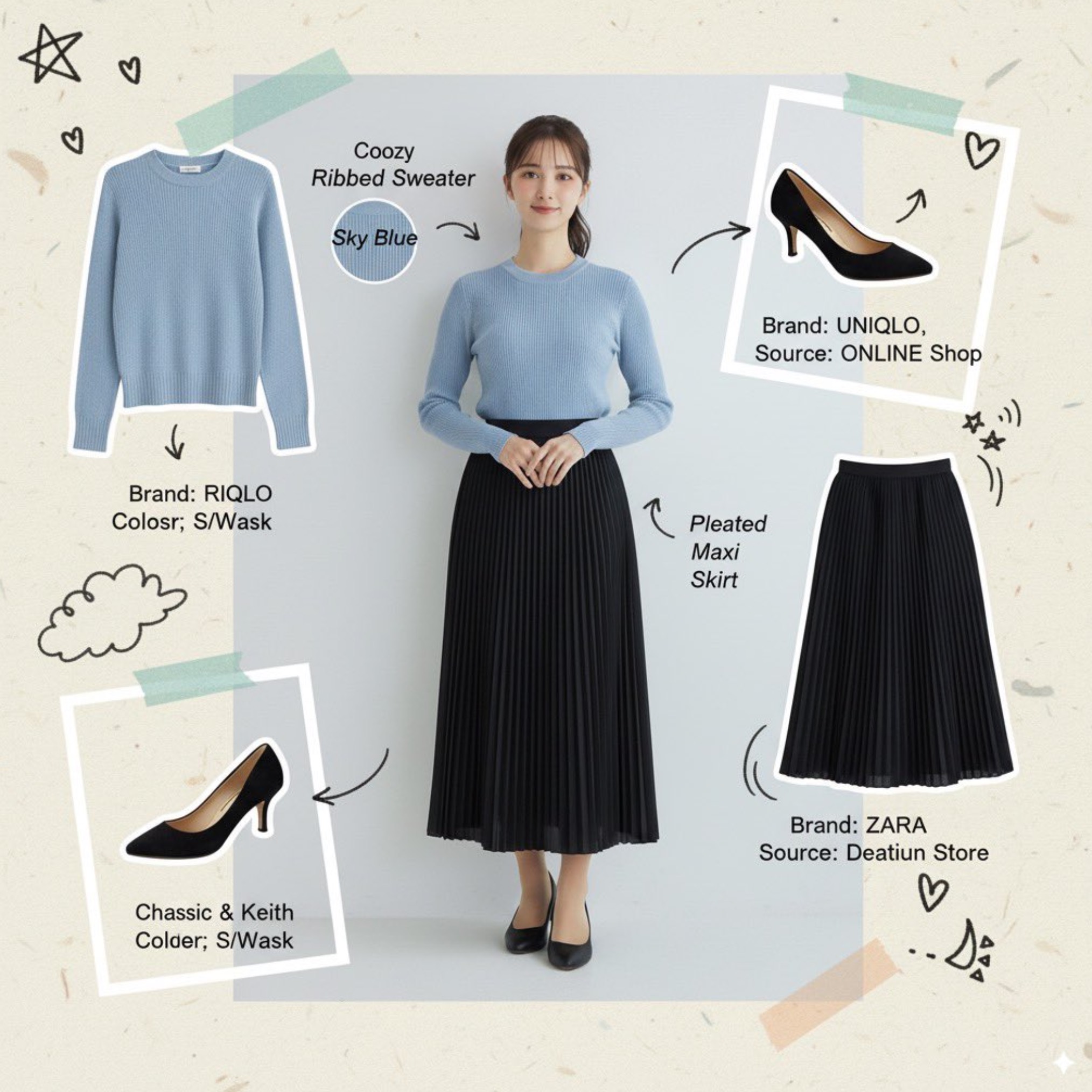 A fashion mood board collage. Surround a portrait with cutouts of the individual items the model is wearing. Add handwritten notes and sk...