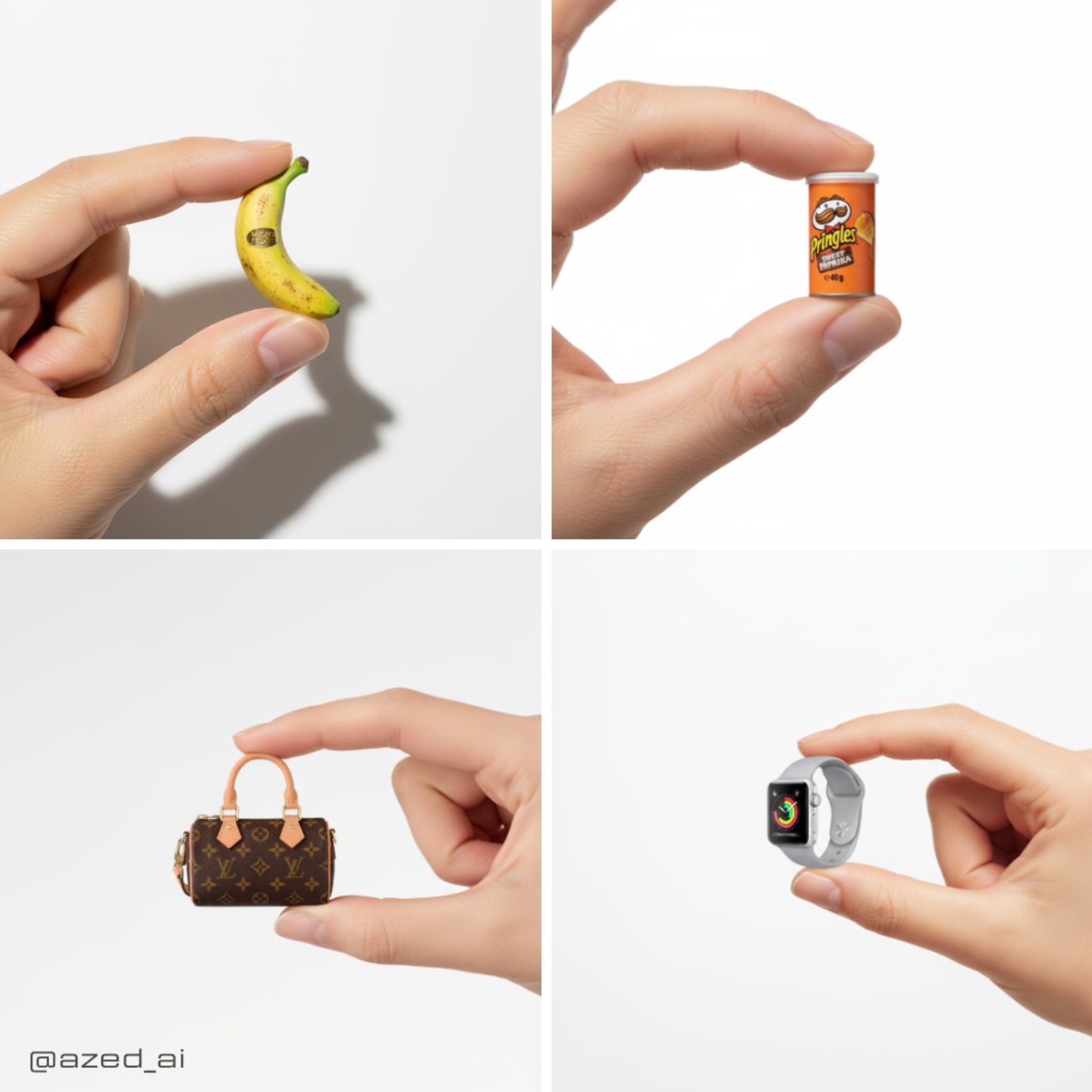 A high-resolution advertising photograph of a realistic, miniature [PRODUCT] held delicately between a person's thumb and index finger. c...
