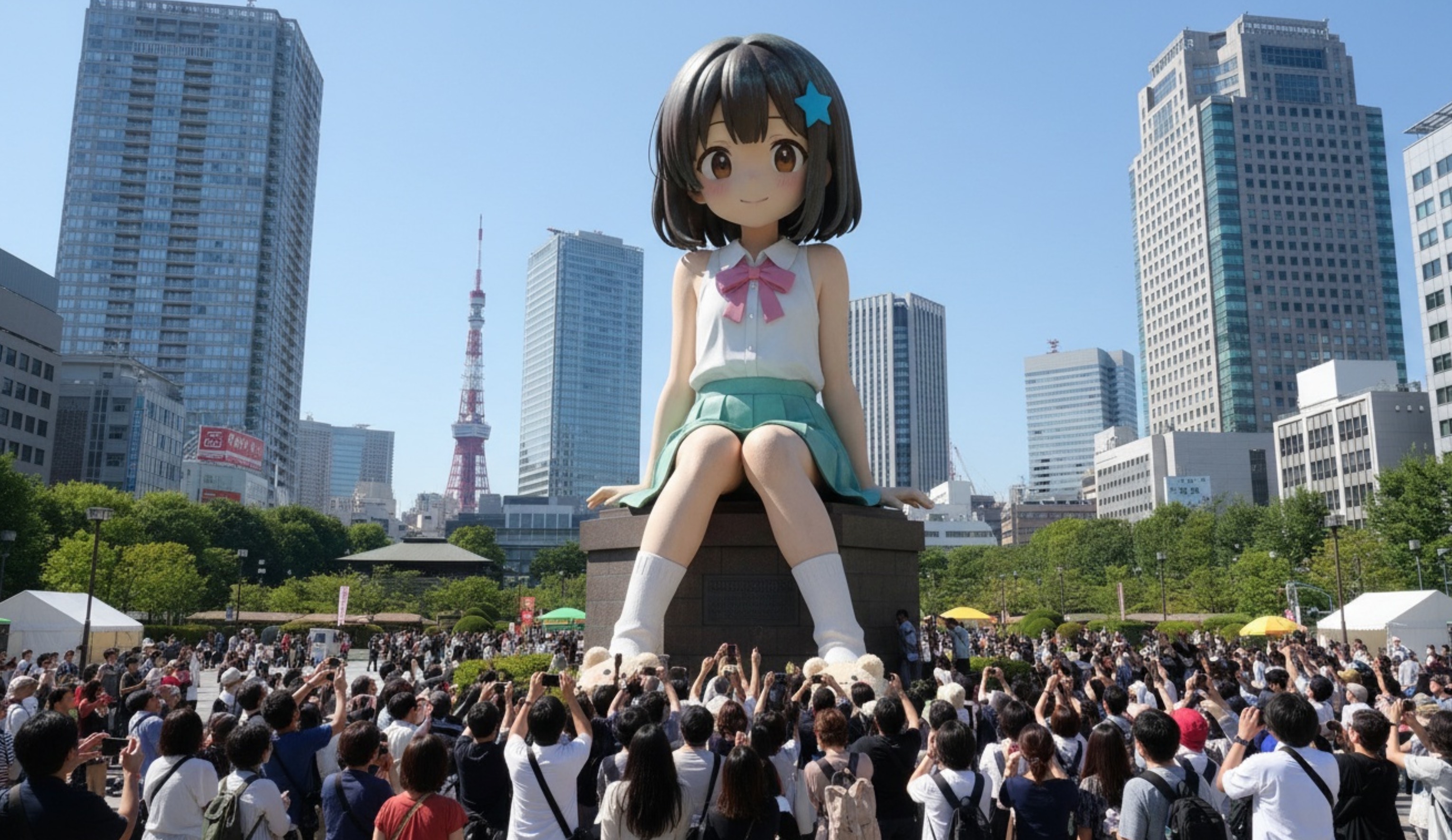 A realistic photographic work. A gigantic statue of this person has been placed in a square in the center of Tokyo, with people looking u...