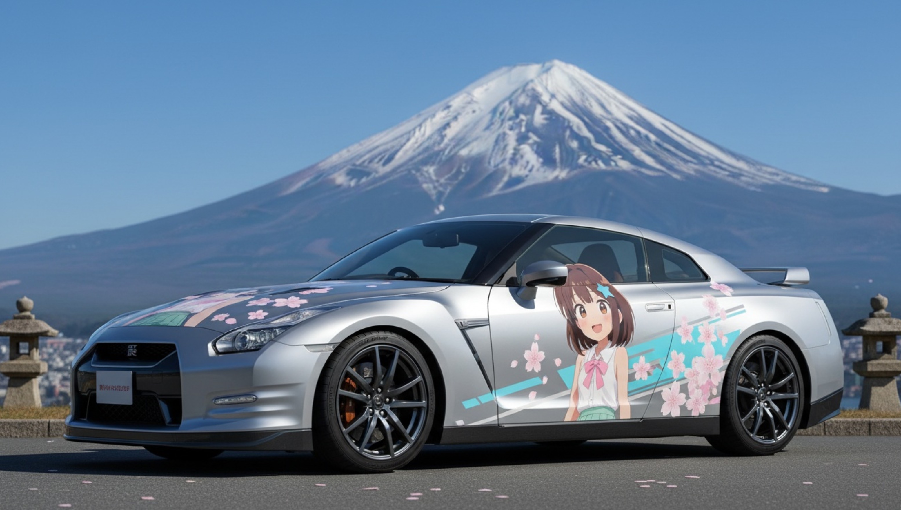 Create a professional photograph of a sporty car with anime-style character artwork as itasha (painted car) design, shot at a famous tour...