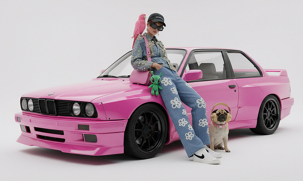A model is posing and leaning against a pink bmw. She is wearing the following items, the scene is against a light grey background. The g...