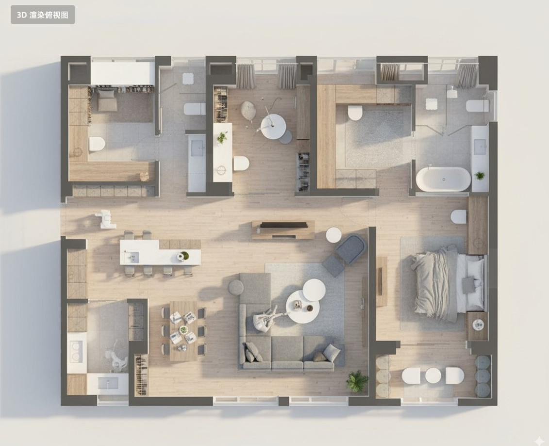 Convert this residential floor plan into an isometric, photo-realistic 3D rendering of the house.