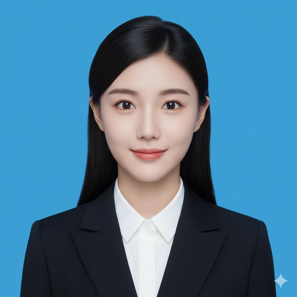 Crop the head and create a 2-inch ID photo with: 1. Blue background 2. Professional business attire 3. Frontal face 4. Slight smile