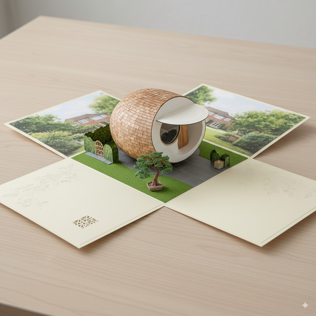 Draw an A6 folding card: when opened, it reveals a complete 3D spherical tiny house with a miniature paper garden and a bonsai tree inside.