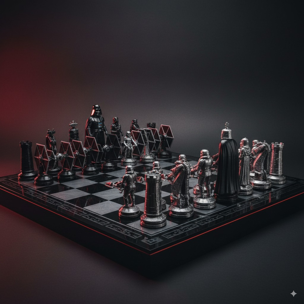 Draw a chessboard and a set of 3D-printable chess pieces inspired by this image.