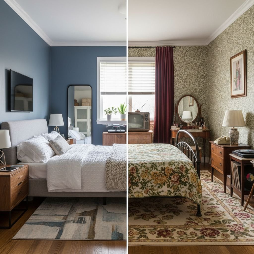 A photo of a bedroom split down the middle: the left side is 2018 and the right side is 1964, in the same room.