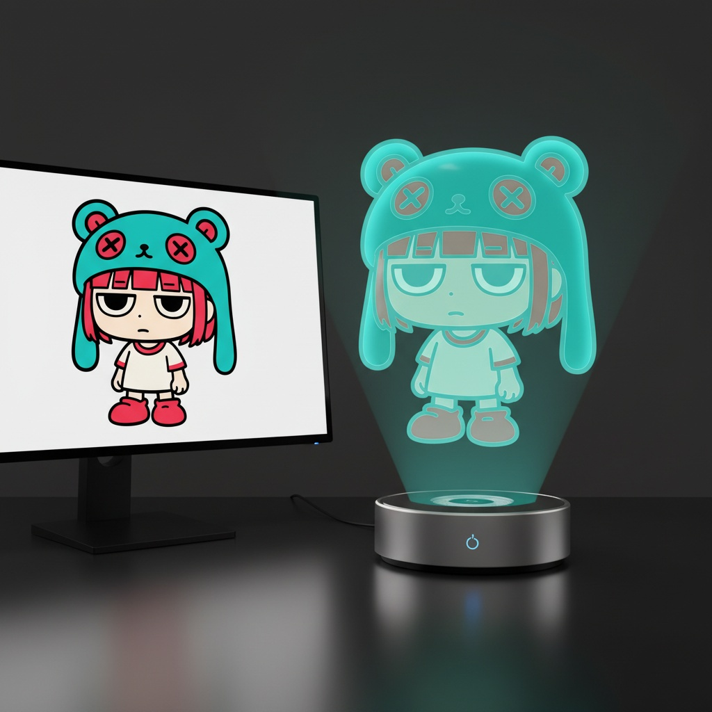 Ultra-realistic product photo. Subject: virtual holographic character [CHARACTER], floating above a circular hologram projector Ø120 mm p...