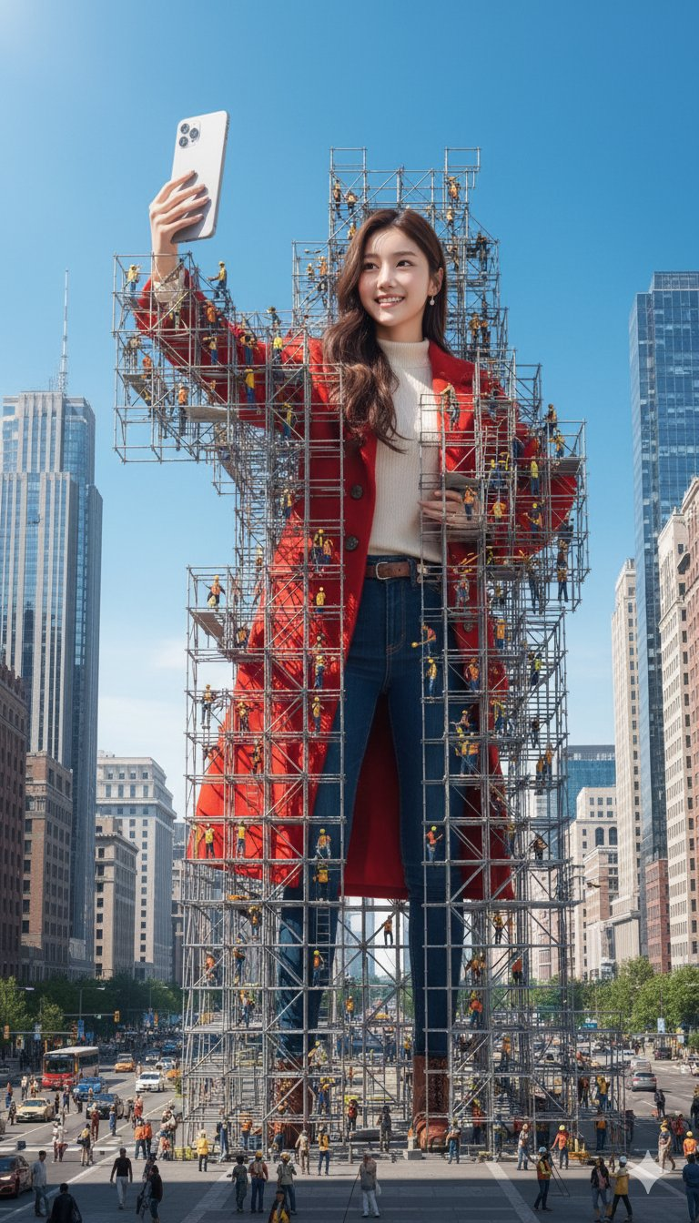 A hyper-realistic 3D render of the person in the image standing and taking a selfie. The giant figure is surrounded by massive scaffoldin...