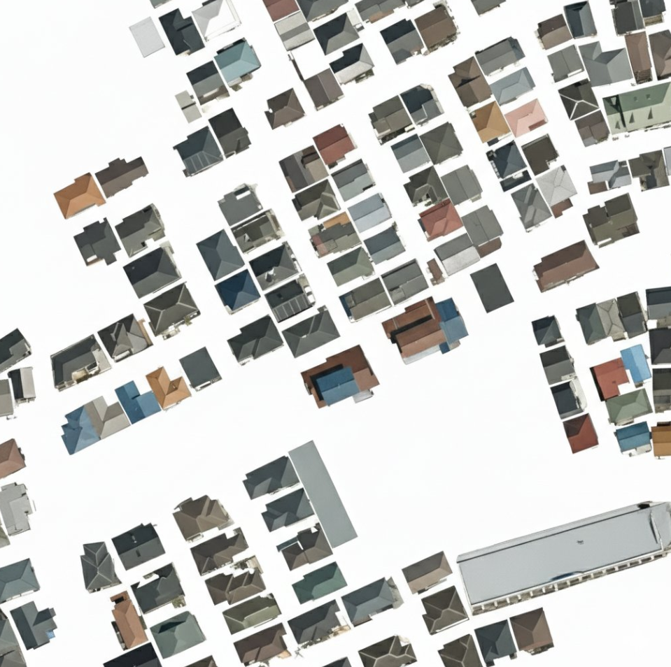 Remove everything in the image except the buildings.