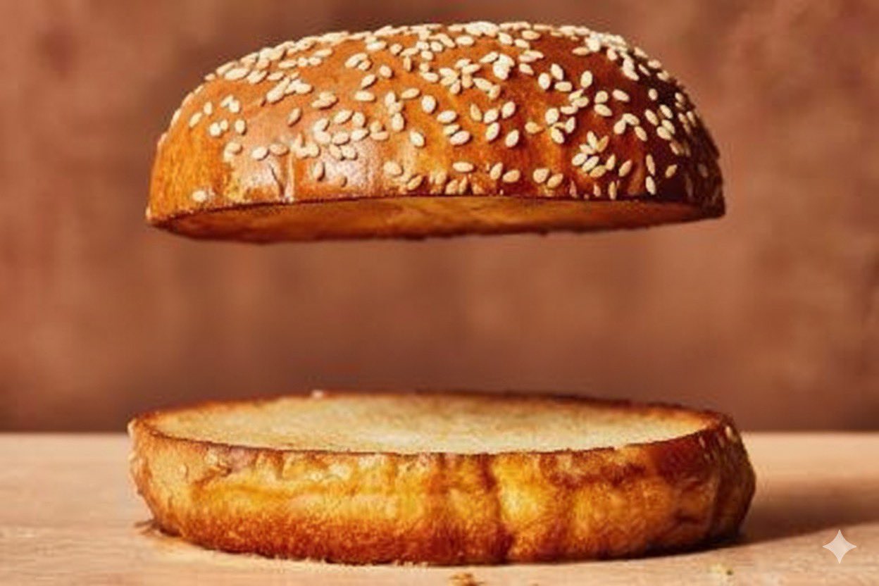 Remove all the ingredients from the burger and keep only the top and bottom buns. Leave a gap between them, keeping the same spacing as i...