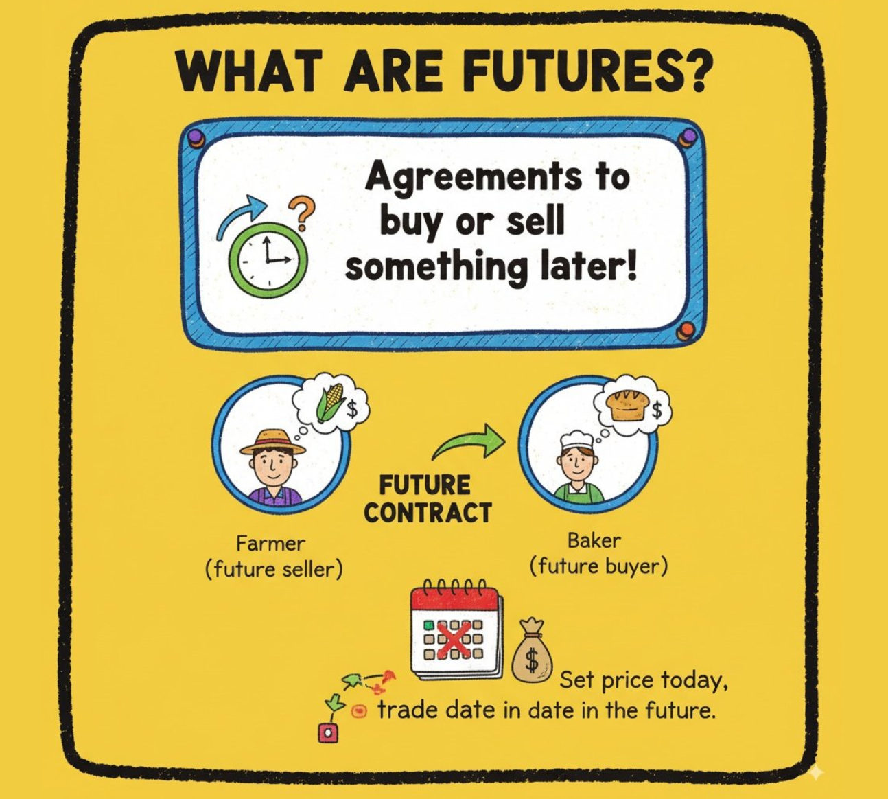 Help me generate multiple 16:9 doodle-style images to explain the concept of "futures" to middle school students. The images should have ...