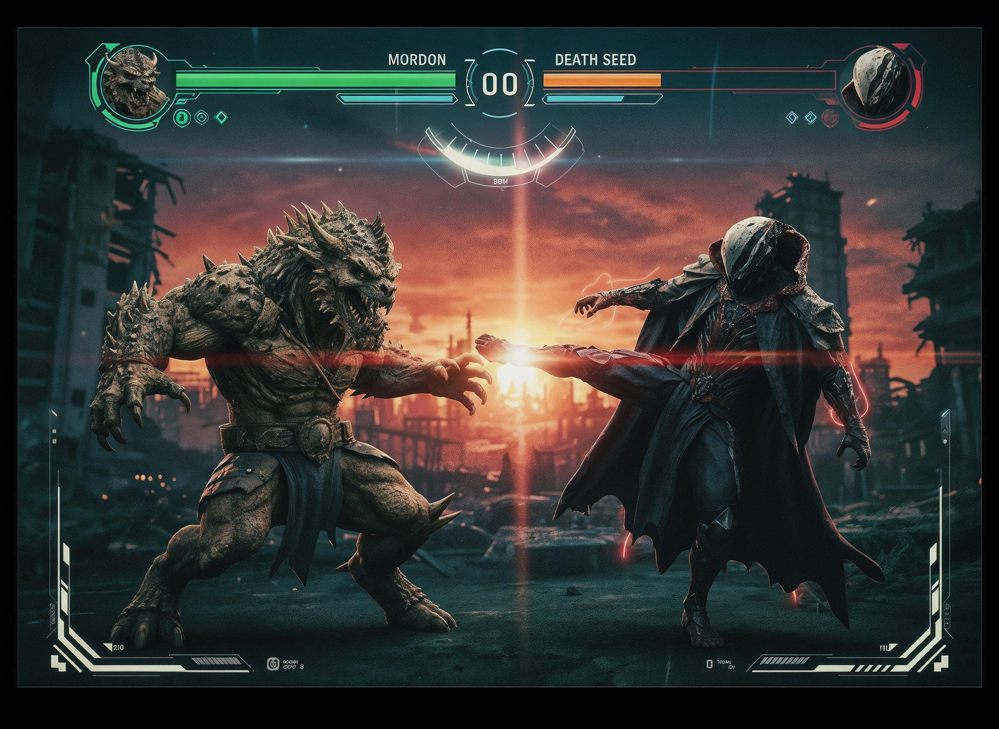 Create a mid motion actionscene where both subject are in focuswith aThree-Quarter Angle in martial artsfighting stances. They are in the...