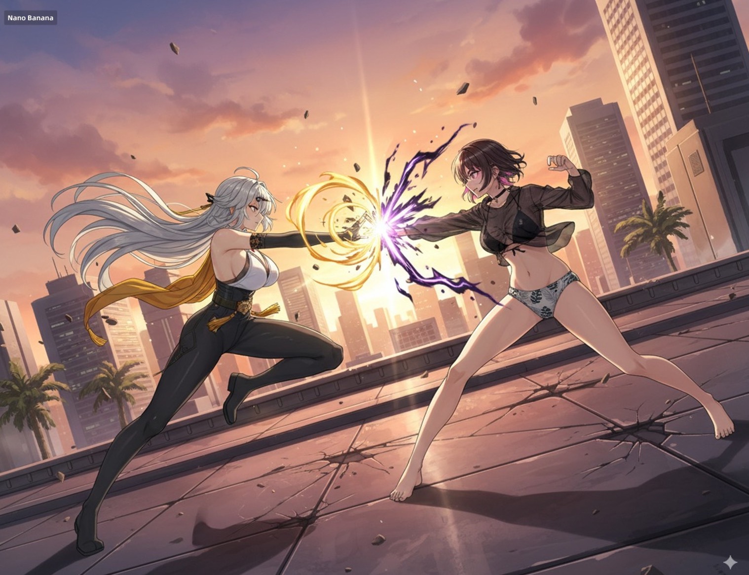 Have these two characters fight using the pose from Figure 3. Add appropriate visual backgrounds and scene interactions,Generated image r...