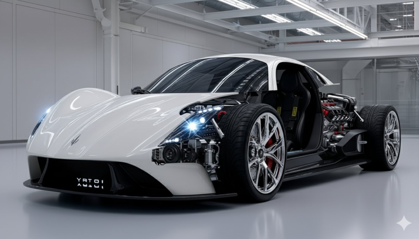 Create a cutaway visualization of this car, show exterior intact on one side, and interior engine + seats exposed on the other side. Keep...