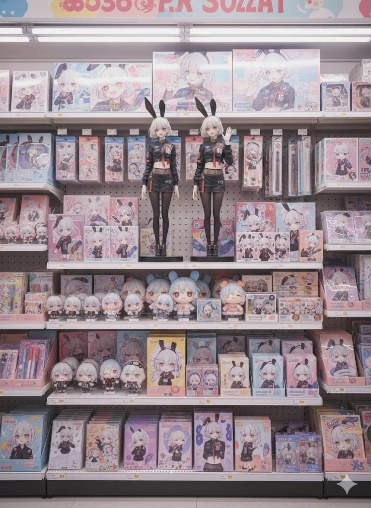 Remove the background from this illustration and turn it into merchandise like figurines. Image: Photorealistic Location: The shelves of ...