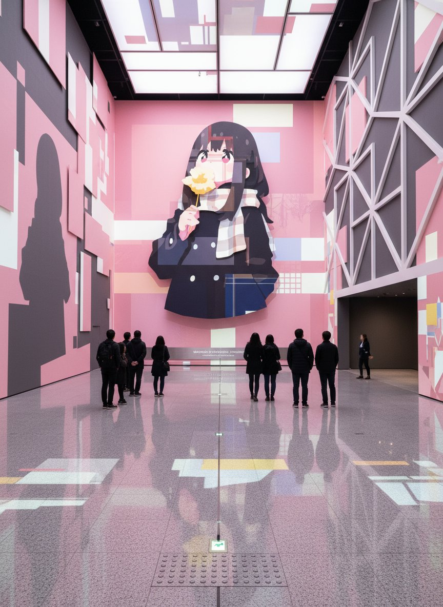 An avant-garde contemporary art exhibition space themed around the reference image. The entire exhibition hall (20.0 m x 20.0 m x 8.0 m) ...