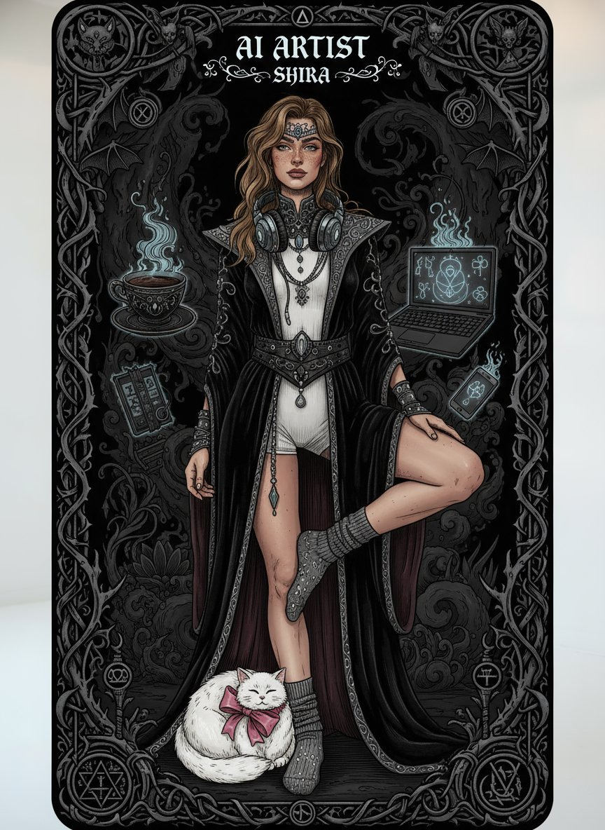 Generate a dark gothic tarot card featuring me from this image. Include [“AI Artist - Shira”] and [coffee, white fluffy chubby cat with p...